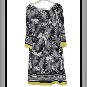 Jessica Howard White Black Tropical Yellow Accents Shift Dress Bell Sleeve Sz 14